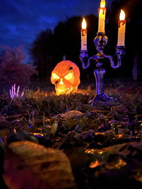 Crâne illuminé et chandelier dans le parcours des Nuits des Lumières – Halloween à Chouzy-sur-Cisse.